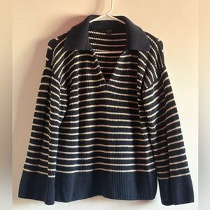 J. Crew Navy and Cream Striped V-Neck Sweater